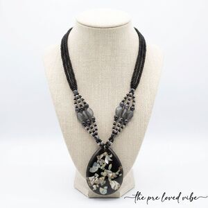 Black Beaded Necklace Multi-strand Statement Floral Vintage Jewelry